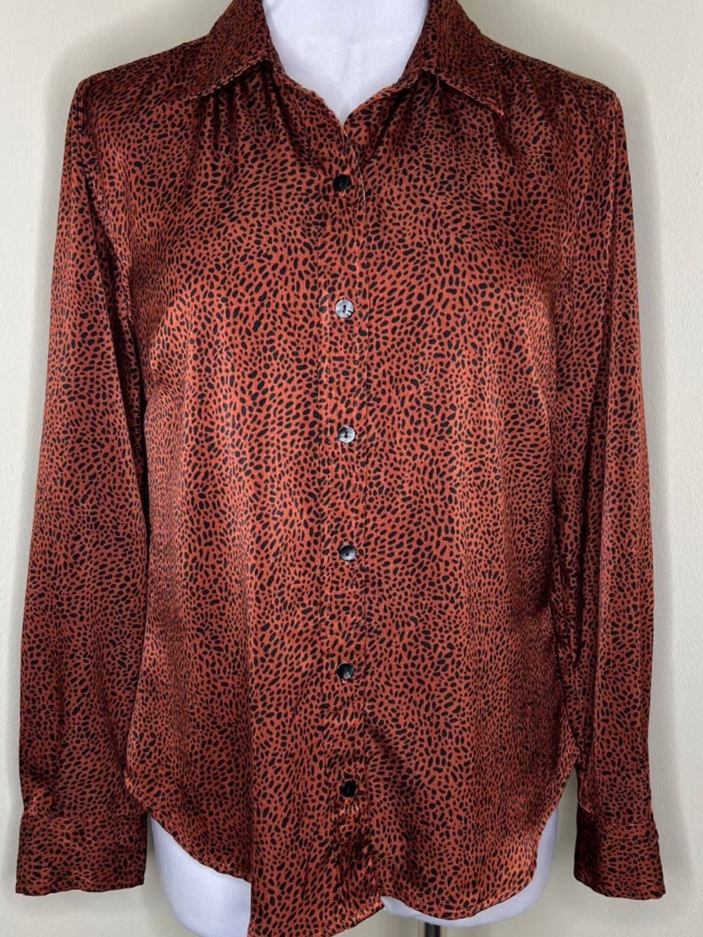Womens Rust Animal-Print Button-Up Shirt